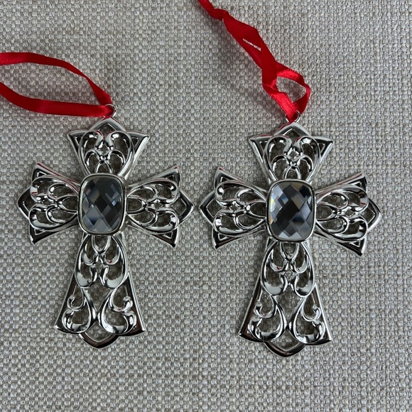 Lenox Bejeweled Ornaments Silverplate Clear Stone Cross Set of 2 New In Box - Picture 2 of 10